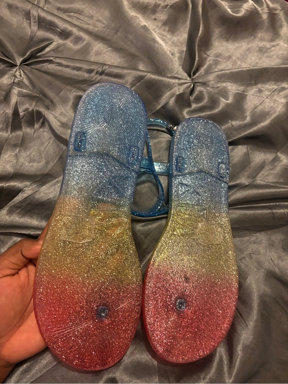Betsey Johnson Glitter Ombre Jelly Sandals with Blue Butterfly Accents